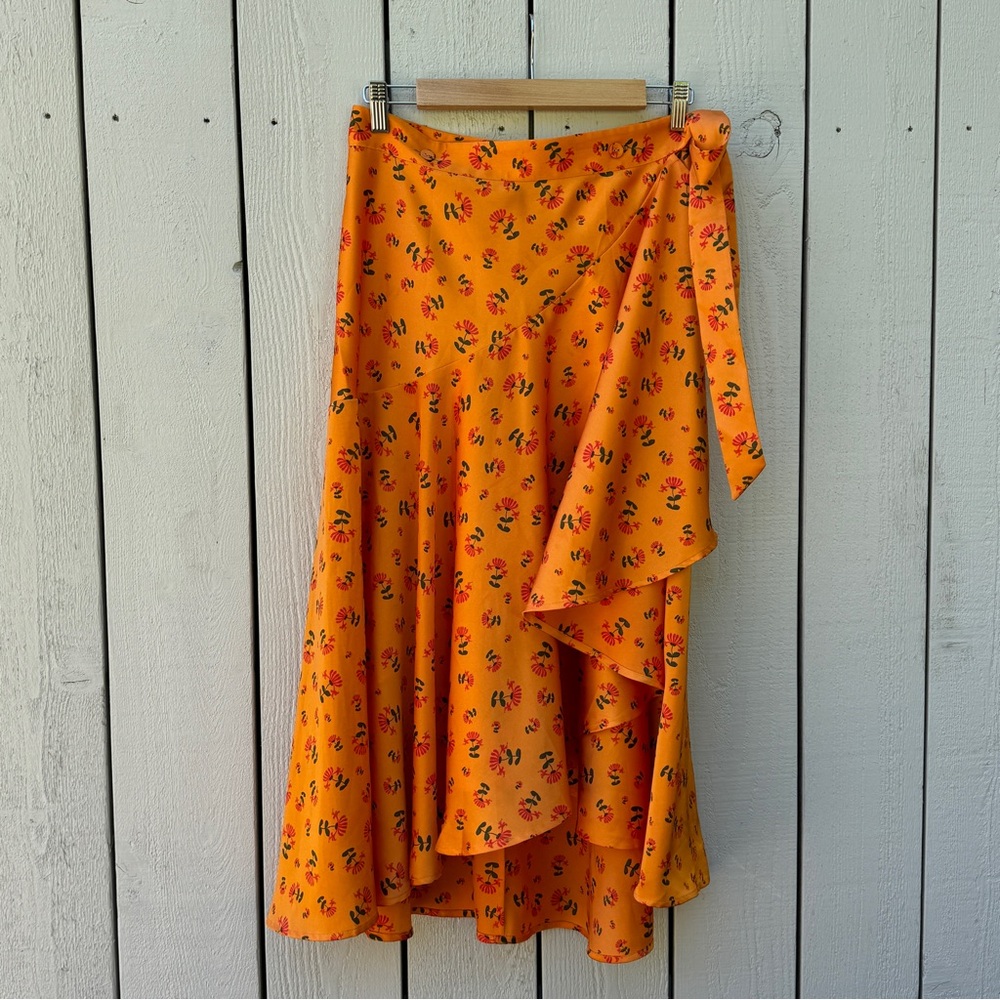 Rodebjer | Alva Floral Print Satin Midi Wrap Skirt in Orange size Small
